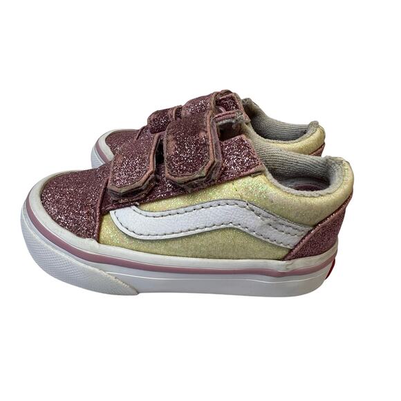 Vans Toddler Glitter Old Skool Sneakers, Pink/Gold, Hook-and-Loop Straps, Size 4 - Picture 1 of 11